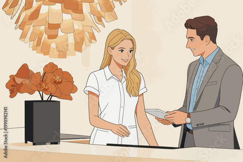 Receptionist Talking With Businessman At Office Front Desk