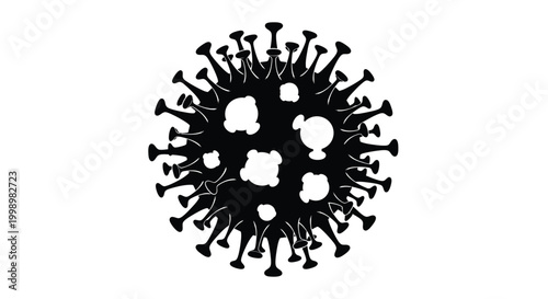A stark black and white illustration depicting a coronavirus particle with prominent spikes surrounding its central core