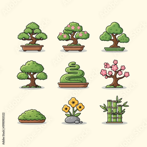 Collection of various cartoon bonsai trees and other small plants.