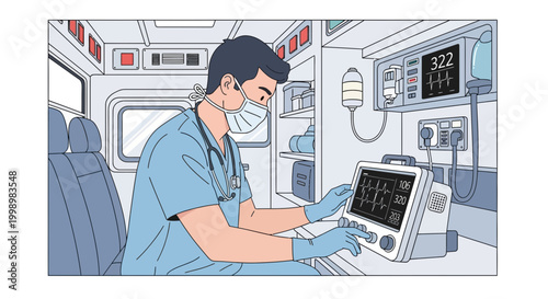 Paramedic in Ambulance Monitoring Patient Vital Signs on Medical Monitor