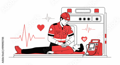 Paramedic performs CPR on patient with defibrillator and heart monitor