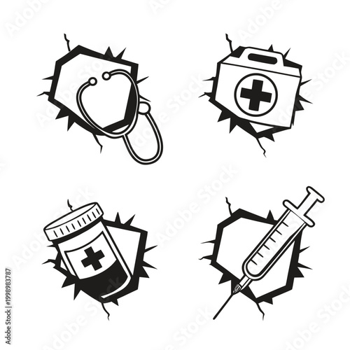 Medical Healthcare Icons Emerging from Cracked Wall Black Outline Vector Set