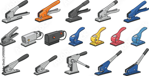 Hole Puncher Vector Set Featuring Multiple Office Stationery Designs In Blue Orange And Red For Paper Punching Document Binding And Workspace Organization Supplies Designs