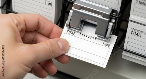A close-up view of a person's hand inserting a blank time card into a traditional time clock machine, symbolizing work attendance tracking.