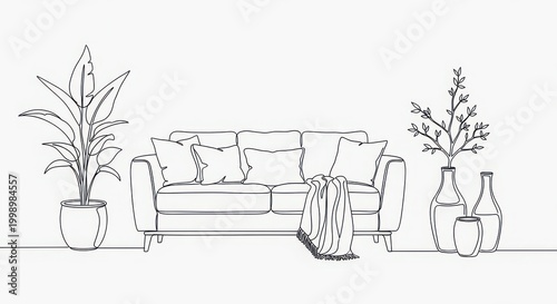 A line drawing of a couch with pillows and a throw blanket on it with a plant and vases on either side