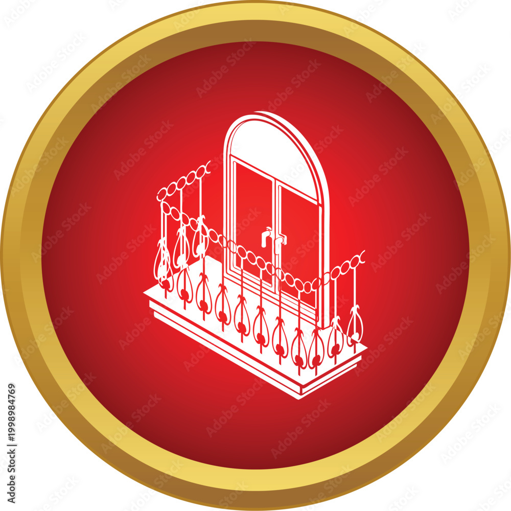 Fototapeta premium Balcony with an arched door and decorative iron railings in an isometric view icon