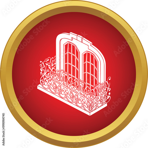 Isometric balcony window with classic ornate balustrade in a red circle