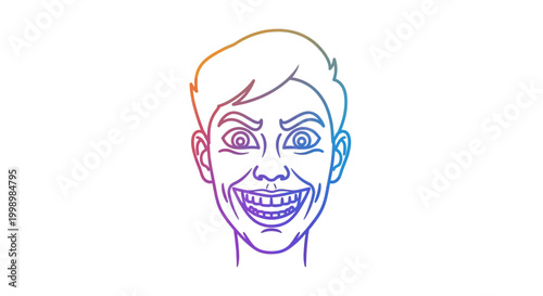 Crazy Man Face, Evil Grin, Wide Eyes, Unhinged Expression, Rainbow Outline