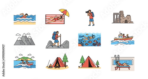 travel and outdoor activities icons on transparent background