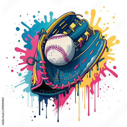 Colorful Baseball Glove & Ball Illustration with Dynamic Paint Splatter Art on transparent  background