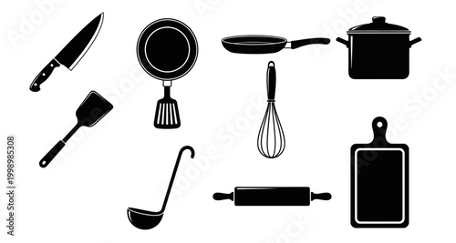 set of kitchen utensils silhouettes on transparent background