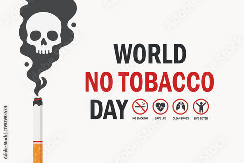 World No Tobacco Day banner illustration with cigarette and skull-shaped smoke symbolizing the harmful effects of smoking. Suitable for awareness campaigns, posters, and social media content.