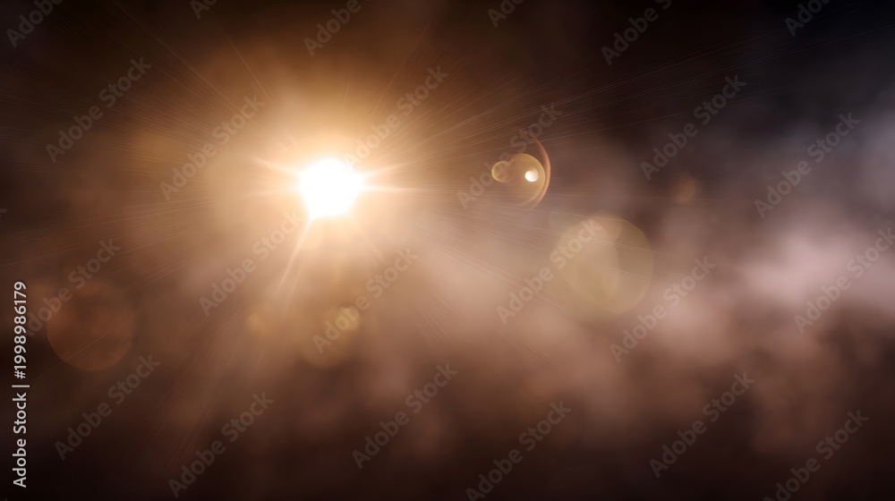 Fototapeta premium A dramatic composition featuring radiant golden flares illuminating dense smoky atmosphere against a dark backdrop