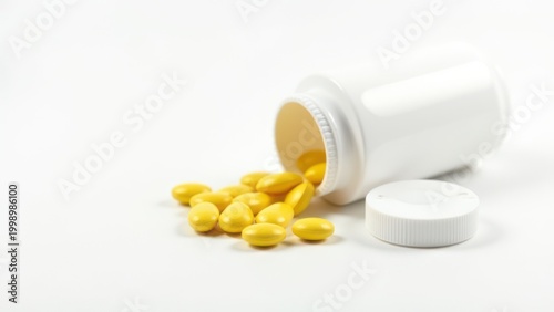 yellow oval tablets with opened white bottle on white background medicine health concept