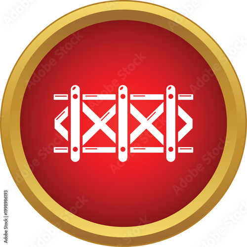 Wooden fence barrier isolated in a round red and gold button style