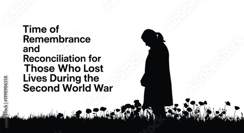 silhouette of person standing among flowers with remembrance text high quality