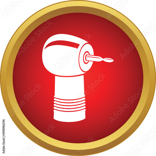 Dental drill tool, a white silhouette, appearing within a red circle with a golden border