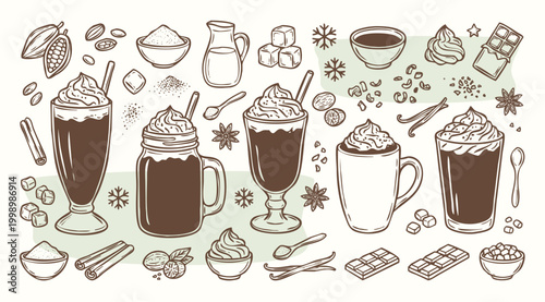 American Drink Vintage 1930s Rubber Hose Style Frozen Hot Chocolate and Winter Dessert Beverage Doodle Set