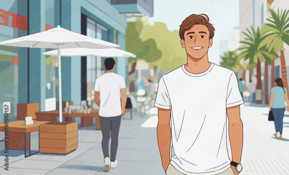 Fototapeta premium Young man smiling on sunny outdoor pedestrian street