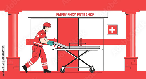 Paramedic pushing stretcher towards hospital emergency entrance, medical help concept