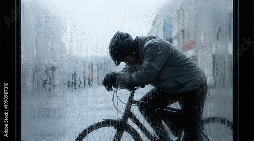 Gig economy worker struggle Abstract distorted view of exhausted delivery cyclist through rain streaked glass