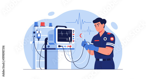 Paramedic with Medical Equipment: ECG Monitor, Ventilator, and IV Drip