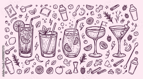 Vintage 1930s Rubber Hose Style Energy Drink Cocktail and Mixology Ingredient Doodle Set