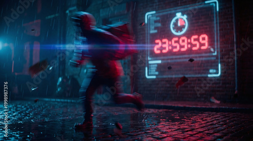 Gig economy worker struggle Blurred motion of delivery courier rushing through city streets under crimson and blue neon lights