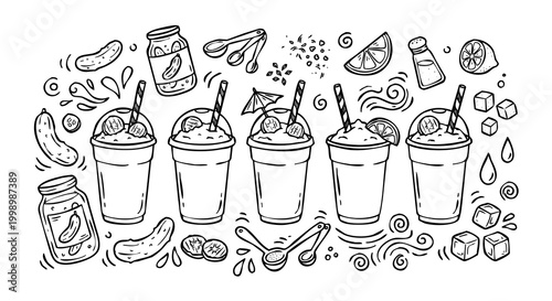 Vintage 1930s Rubber Hose Style Pickle Juice Slushie and Salty Summer Drink Doodle Set, American Viral Drink