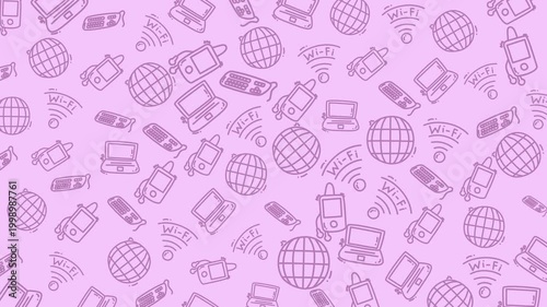 seamless pattern with internet globe laptop music player wifi signal icons. suitable for technology background, digital content and presentation.