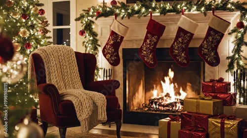 Cozy living room with Christmas stockings hung by
