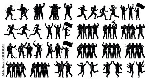 Team Spirit on Ice and Snow Silhouettes Set Pack Editable Vector Stroke Illustration. featuring more silhouettes, collection, sport, athlete, victory, celebration, team, group, winner silhouettes.