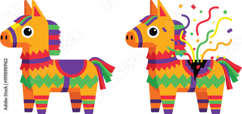 Colorful piñata donkey with confetti explosion cartoon vector illustration festive party decoration for celebration birthday and mexican fiesta design