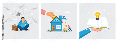 Businessman sits with evil hands. Put Coin Invests In Home. Hand Holding Open Book With Light Bulb.