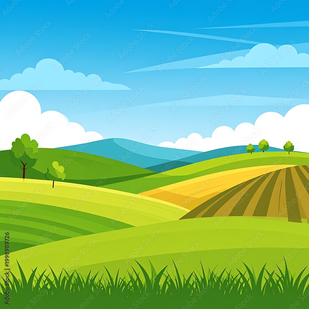 Fototapeta premium Green hills and fields landscape scenery.