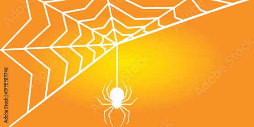 Minimal Spider Web Background with Hanging Spider on Orange Gradient – Halloween Concept.