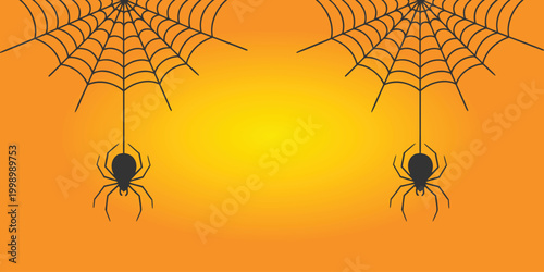 Halloween Spider Web with Hanging Spiders on Orange Background – Spooky Holiday Design.
