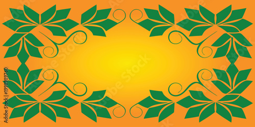 Floral Decorative Frame Background, Green Leaf Ornament Border on Yellow Gradient, Elegant Nature Pattern Design Template.