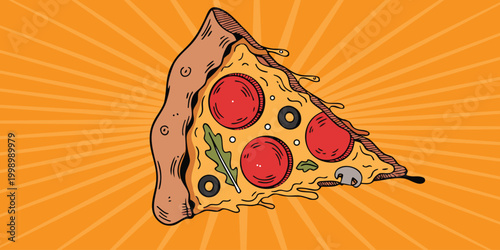 Cartoon Pizza Slice Illustration with Melted Cheese and Pepperoni on Retro Orange Background.