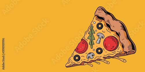 Cartoon Pizza Slice Side View with Pepperoni and Melted Cheese on Yellow Background – Fast Food Illustration.