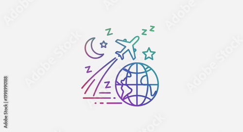 Airplane flying over globe at night with moon and stars, symbolizing travel and sleep
