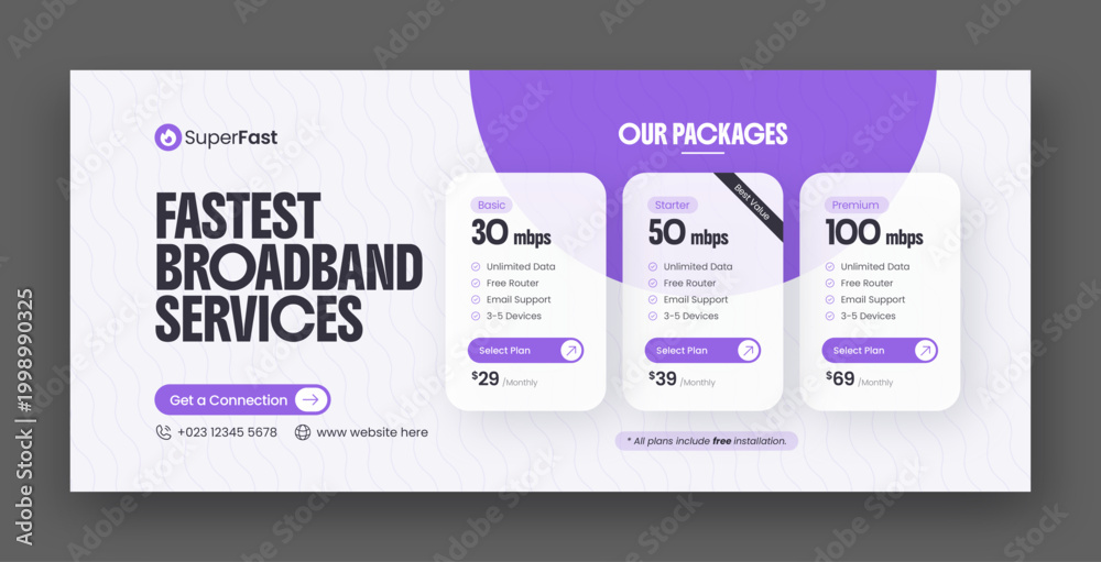Fototapeta premium Broadband internet service social media facebook cover & web banner design template with modern pricing table