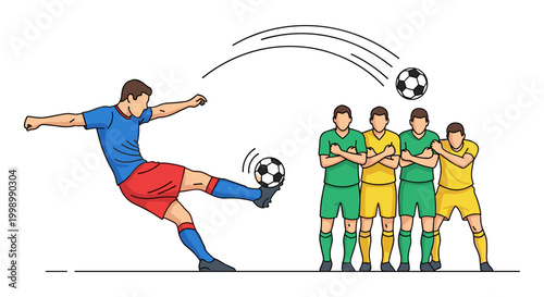 Graphic illustration of professional soccer player taking free kick against defensive wall of players during match competition sports scene on white background dynamic movement curved ball trajectory.