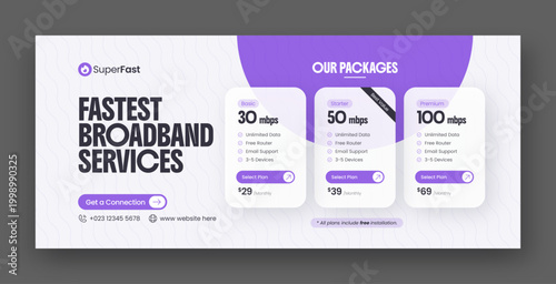 Broadband internet service social media facebook cover & web banner design template with modern pricing table