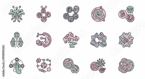 Collection of stylized microscopic biological cells and viruses.