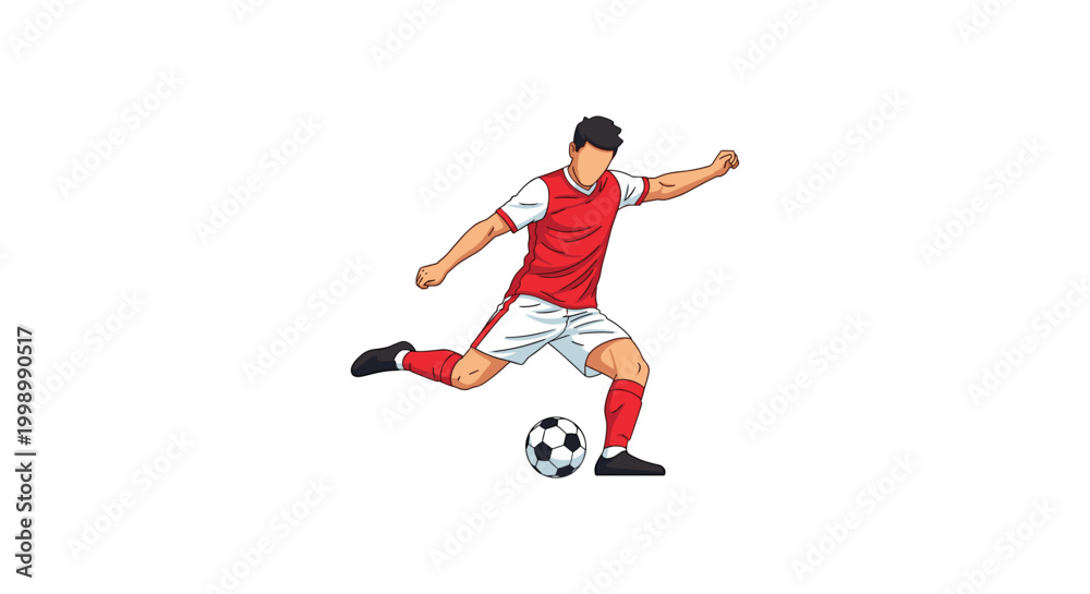 Obraz premium Soccer player kicking ball with power in red and white uniform vector illustration professional football striker preparing for goal shot isolated on white background athletic performance graphic.