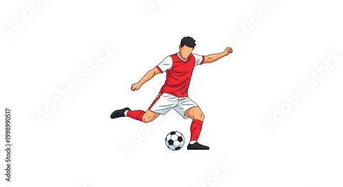 Soccer player kicking ball with power in red and white uniform vector illustration professional football striker preparing for goal shot isolated on white background athletic performance graphic.