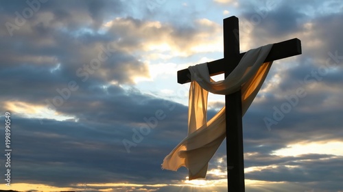 Wooden cross with white cloth draped