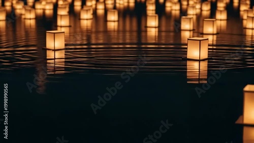 Floating lanterns illuminated on water surface at night  