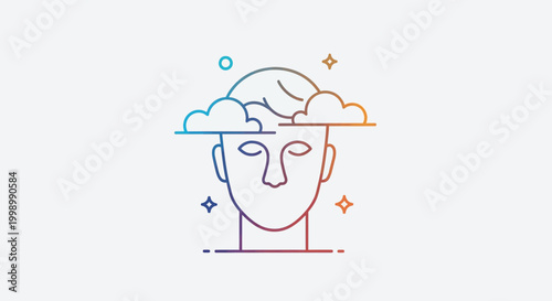Abstract Head Silhouette with Clouds and Stars, Mental Health, Creativity, and Imagination Concept